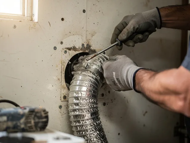 Windham Dryer Vent Cleaning technician performing precise dryer vent hose installation in Windham